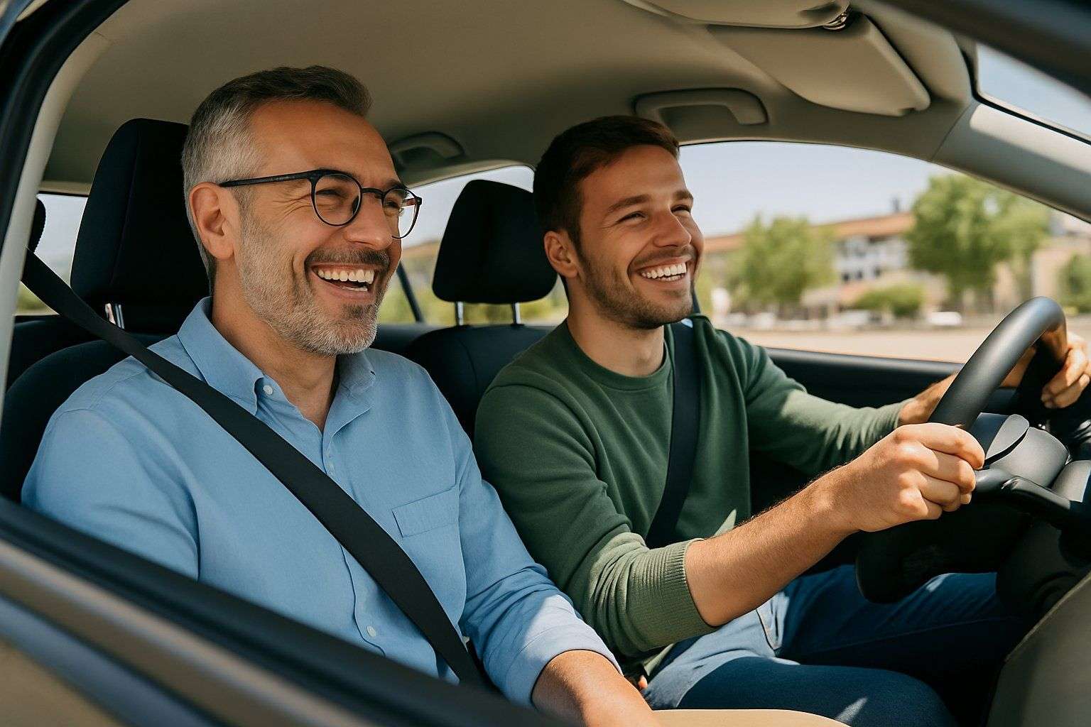 Profesor de autoescuela enseñando a conducir en Madrid