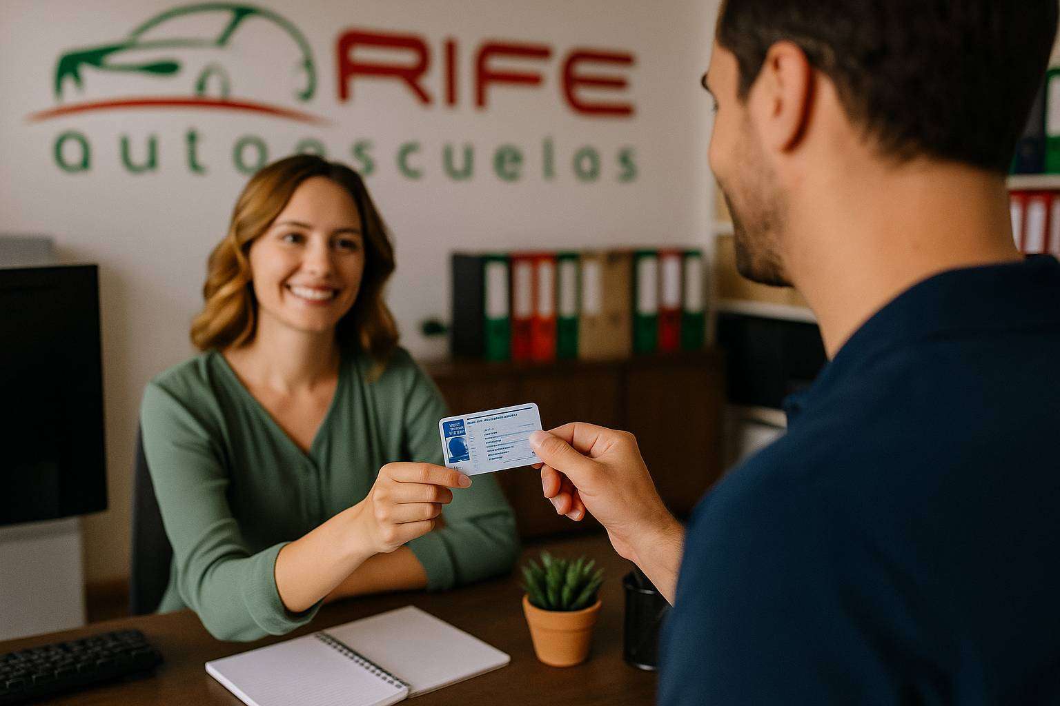 Mujer entregando un carnet de conducir en Autoescuela Rife de Villaverde